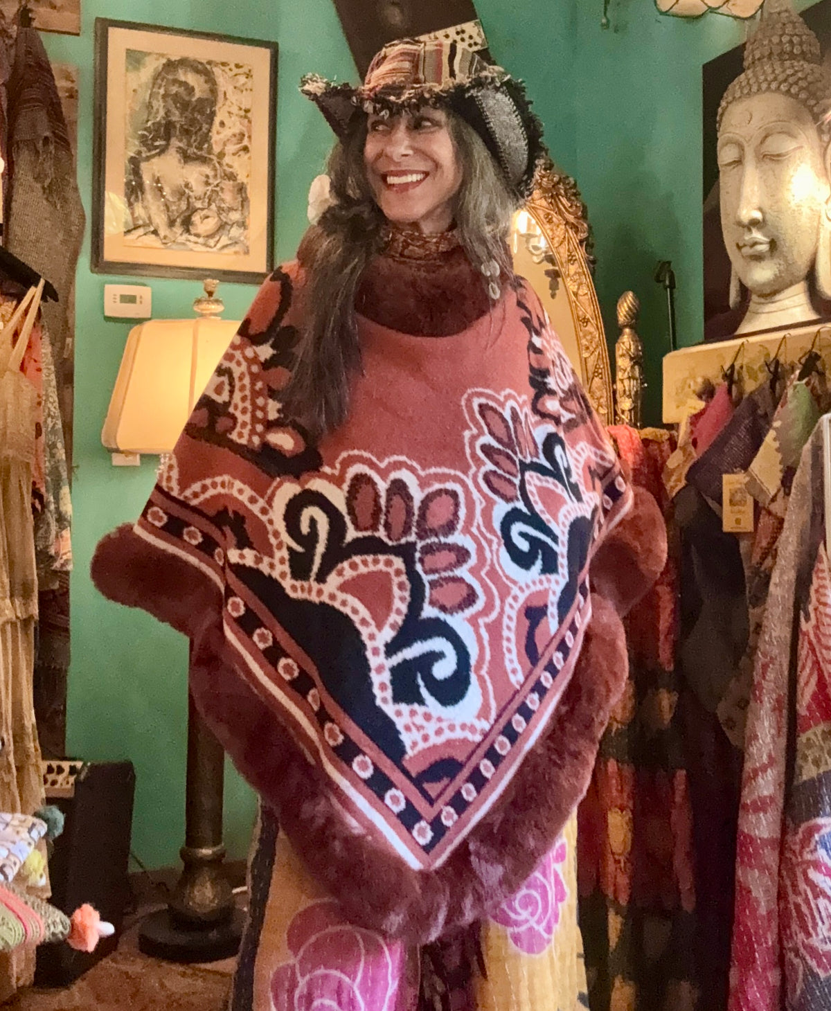 Cozy faux fur trim poncho
