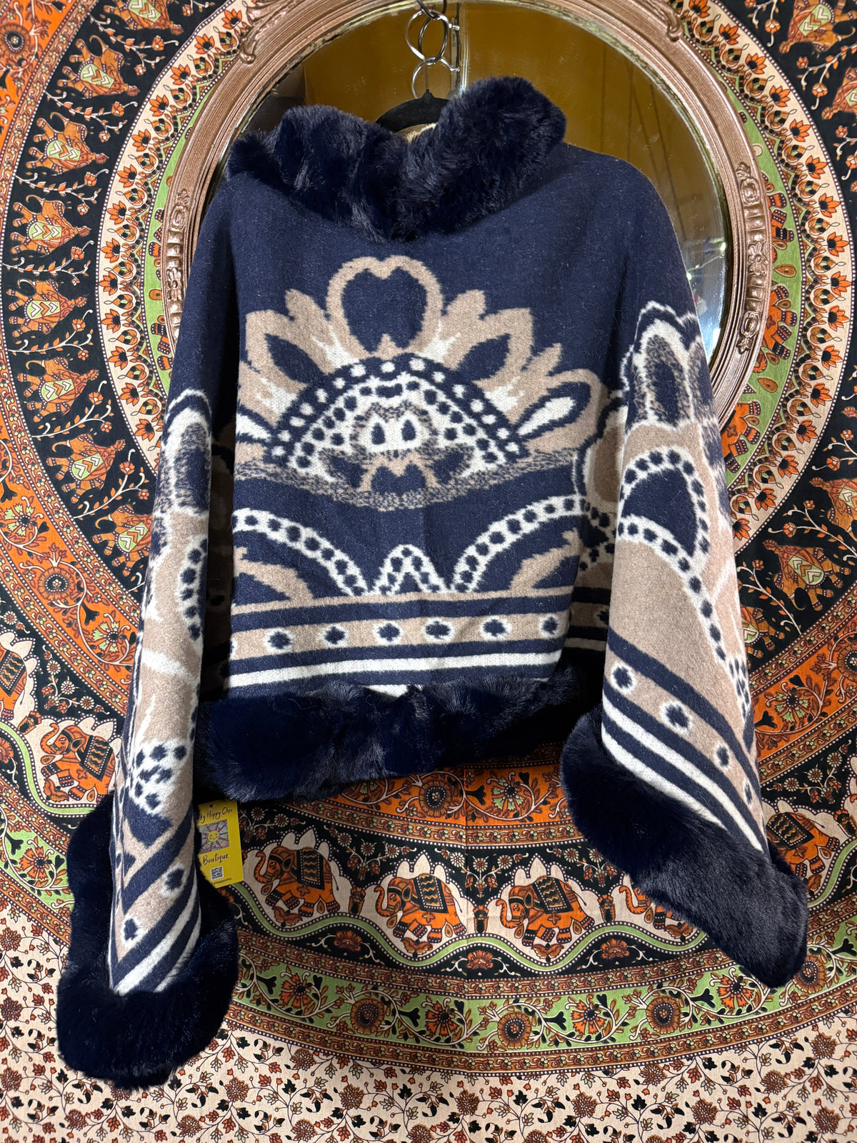 Cozy faux fur trim poncho Navy