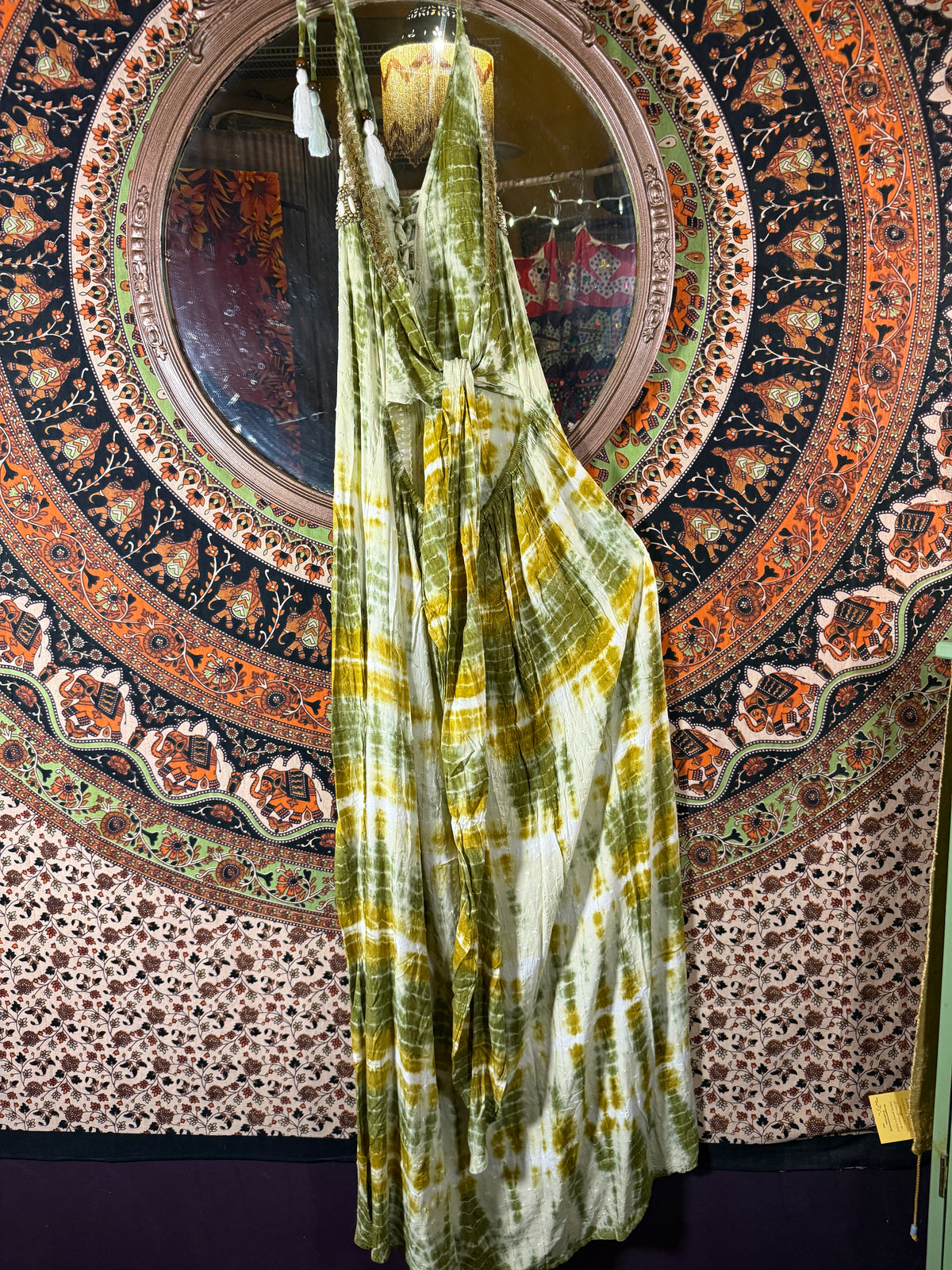 Tye Dye Halter Dress Olive/cream