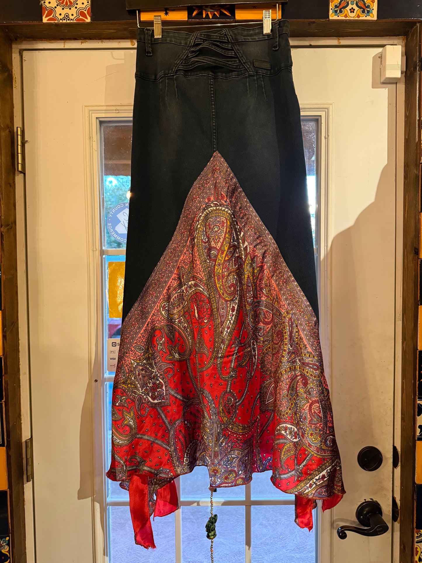 Upcycled black and red satin jean skirt