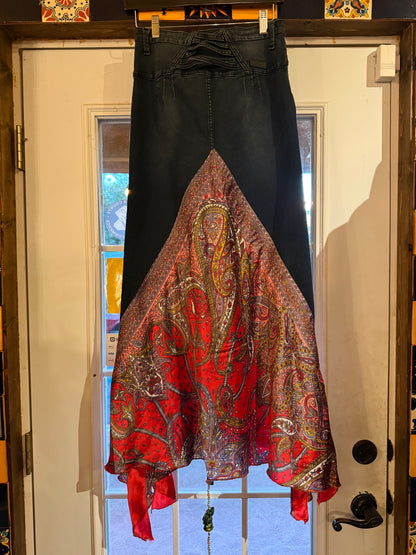 Upcycled black and red satin jean skirt