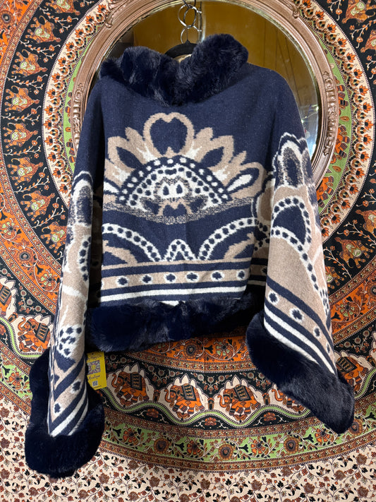 Cozy faux fur trim poncho Navy