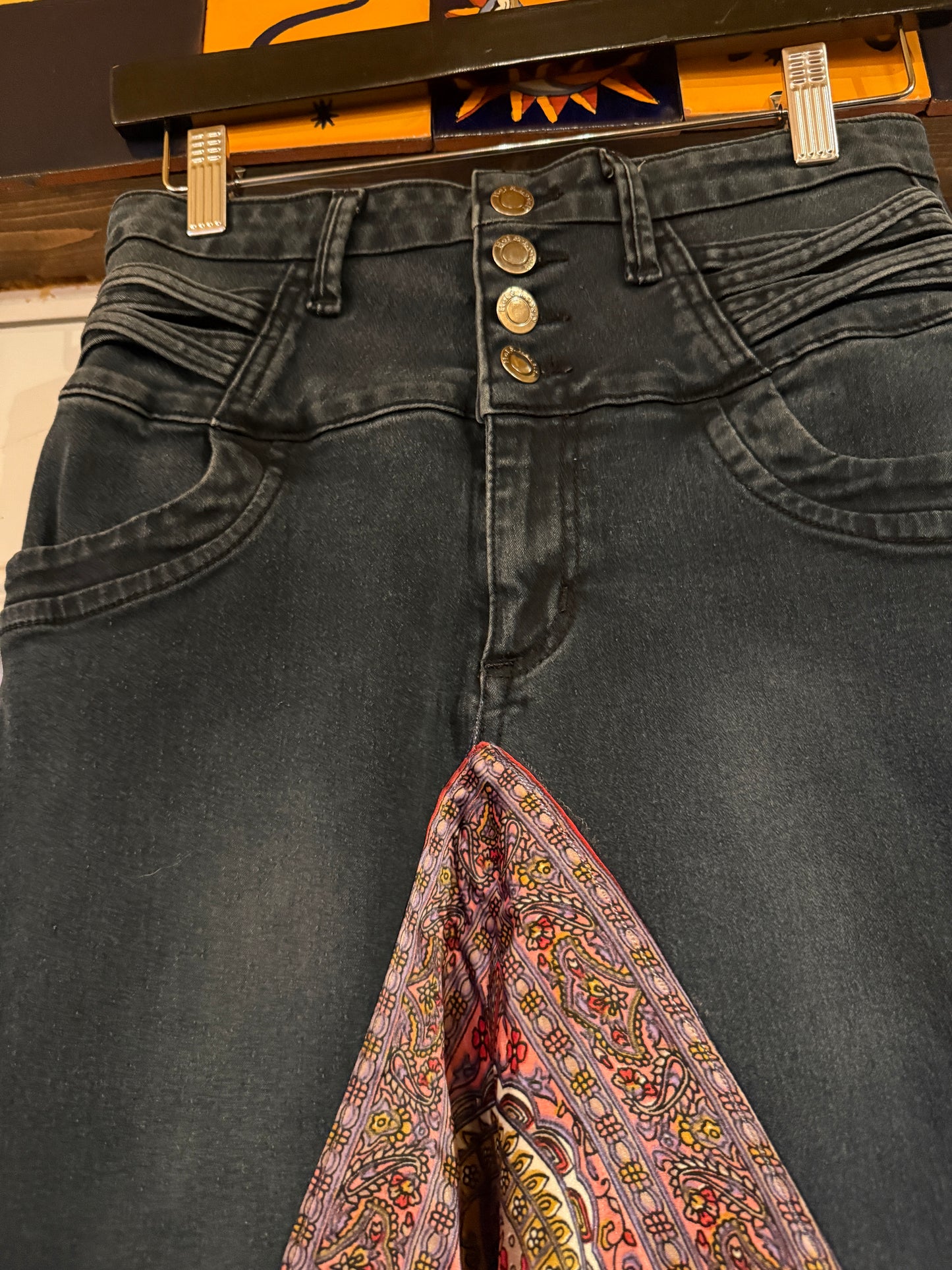 Upcycled black and red satin jean skirt