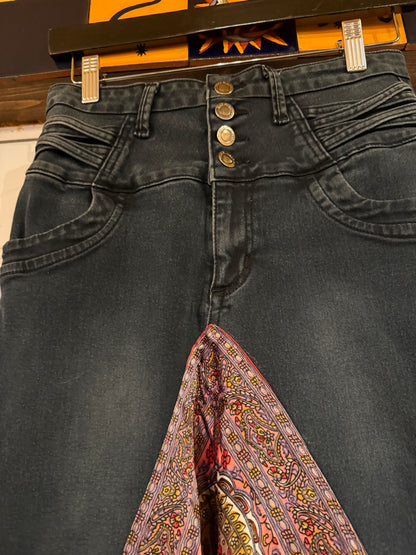 Upcycled black and red satin jean skirt