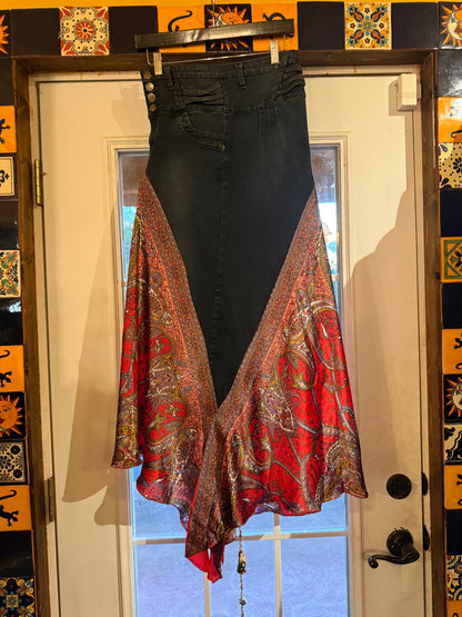 Upcycled black and red satin jean skirt