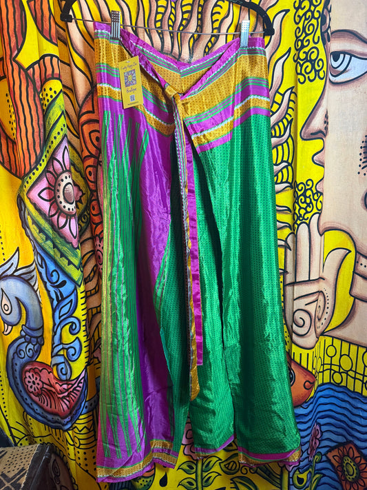 Twrap silk pants green/fushia