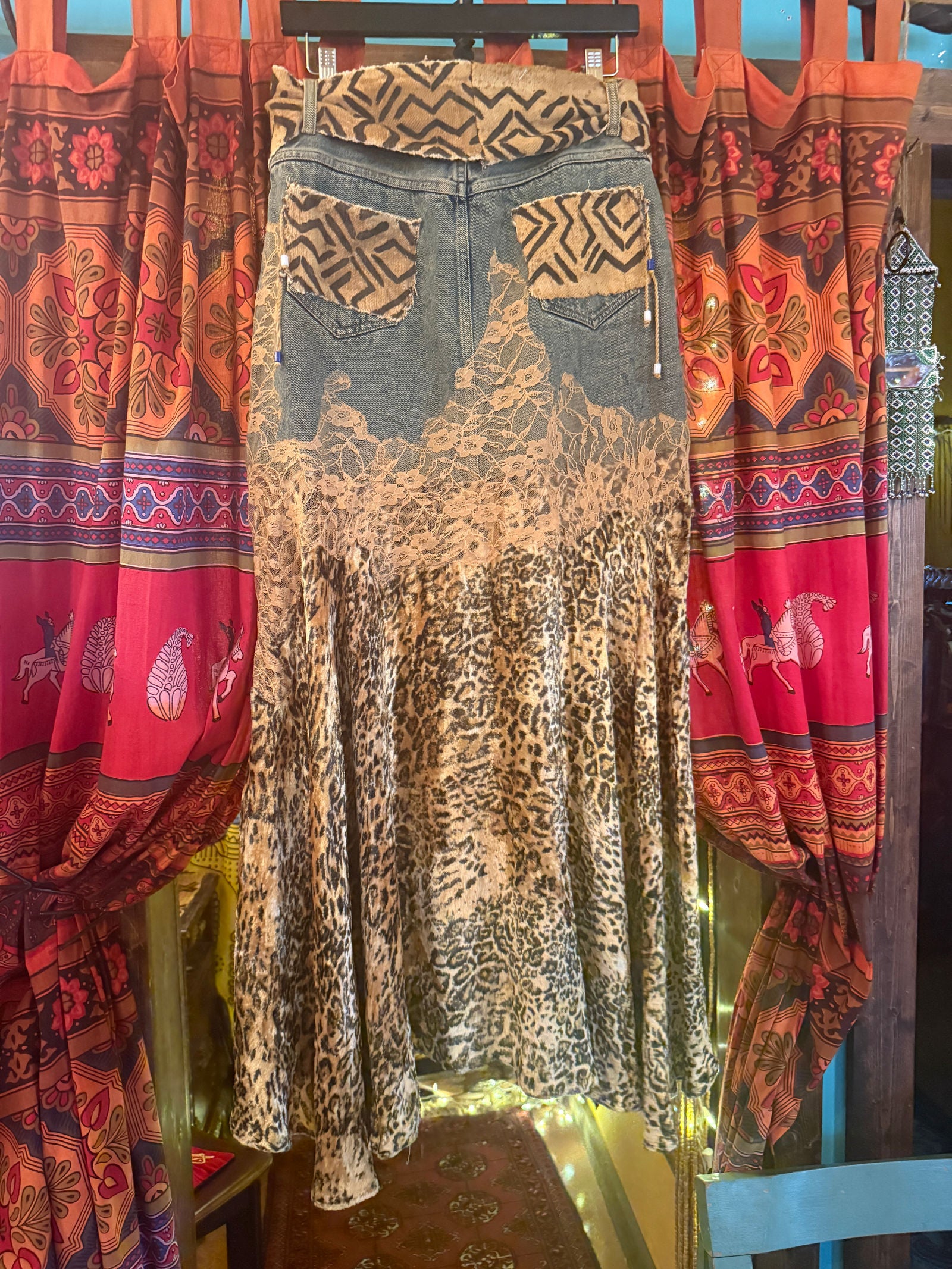 Upcycled leopard and jean skirt