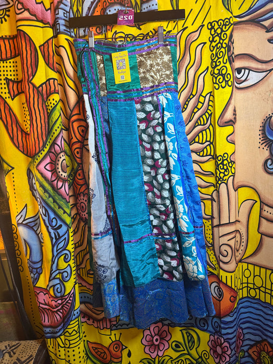Silk wrap reversible skirt blue green/blue