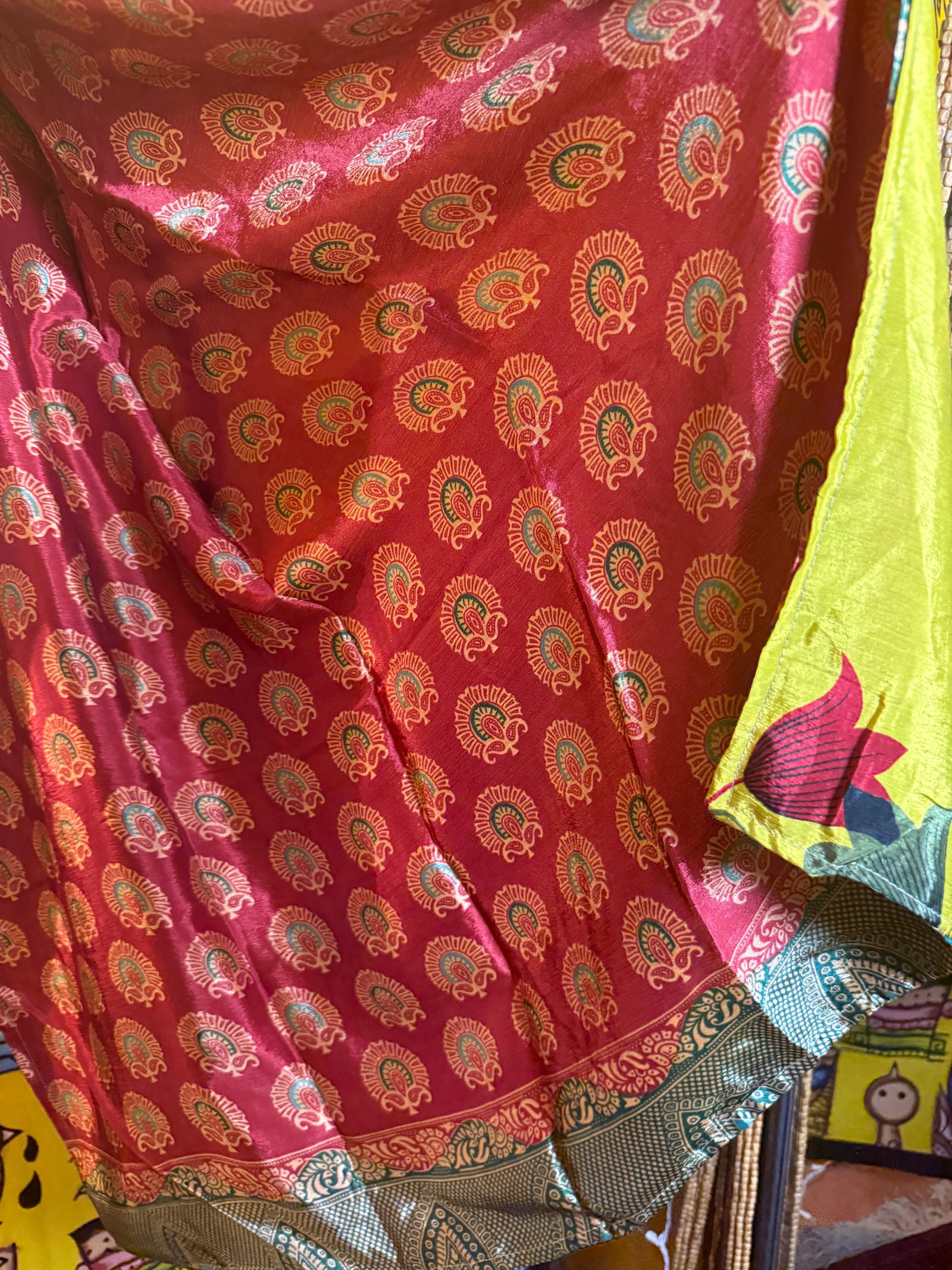 Twrap silk pants chartreuse/red (med)