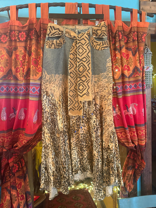 Upcycled leopard and jean skirt
