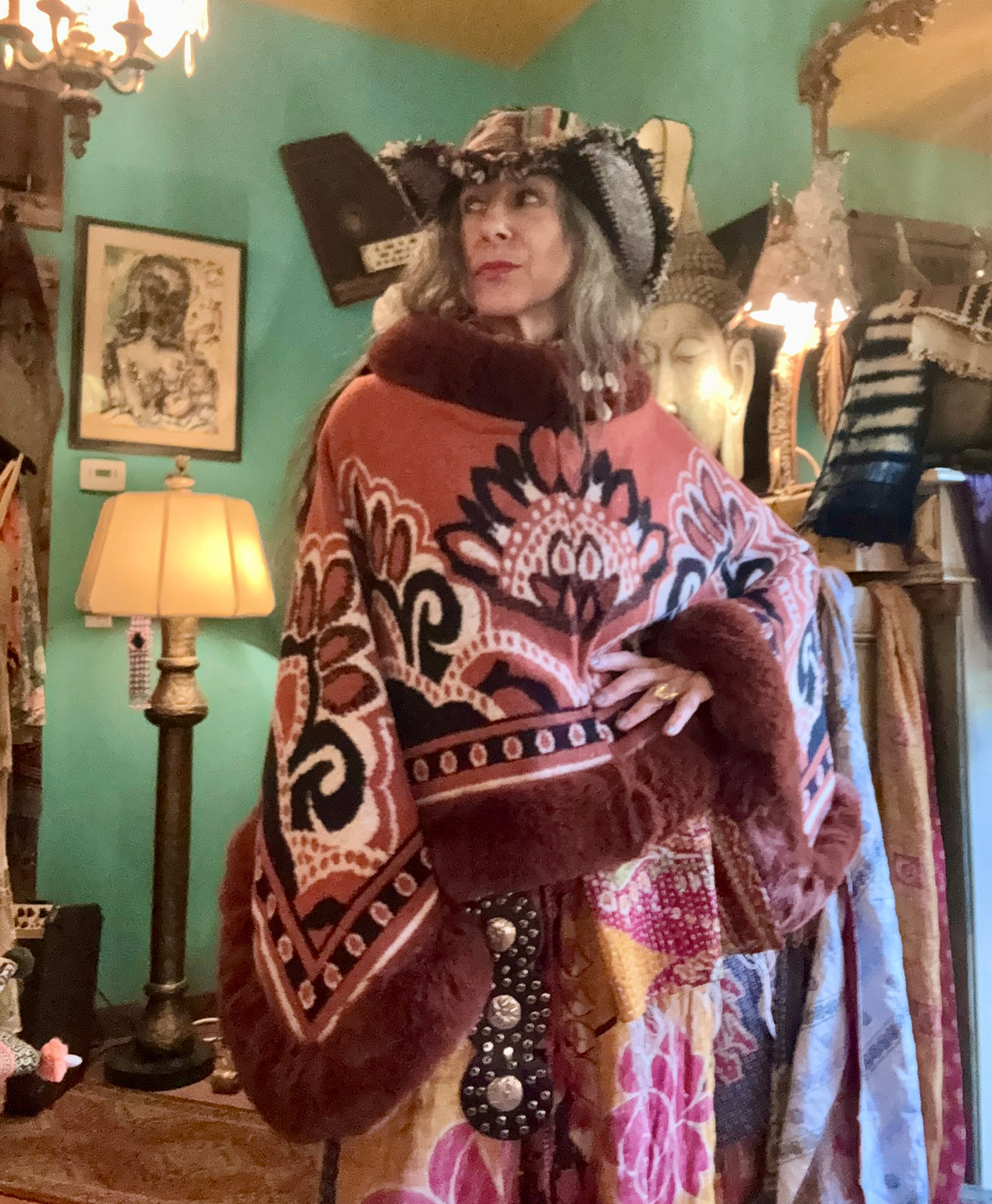 Cozy faux fur trim poncho