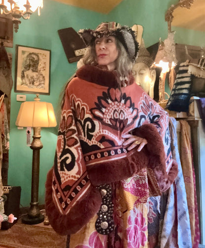 Cozy faux fur trim poncho