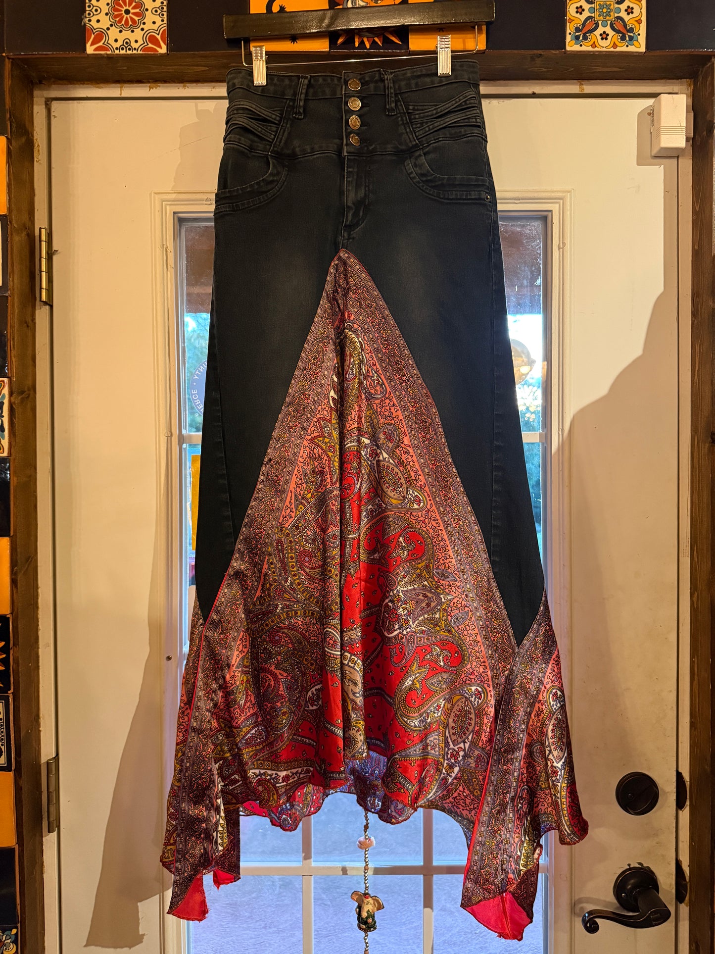 Upcycled black and red satin jean skirt