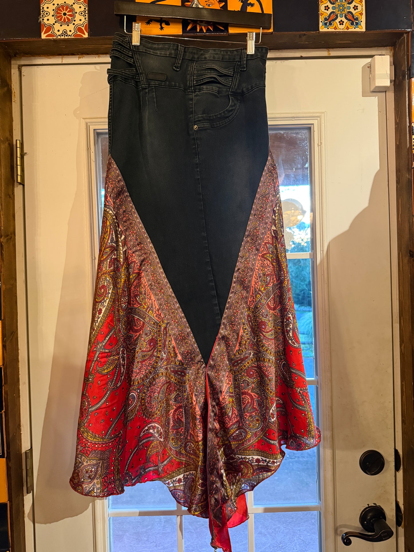 Upcycled black and red satin jean skirt