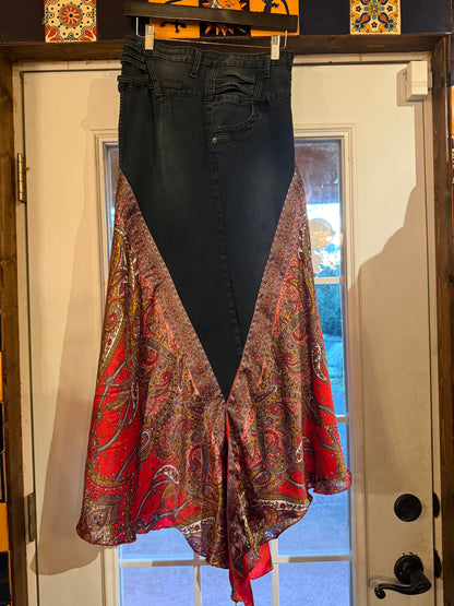 Upcycled black and red satin jean skirt