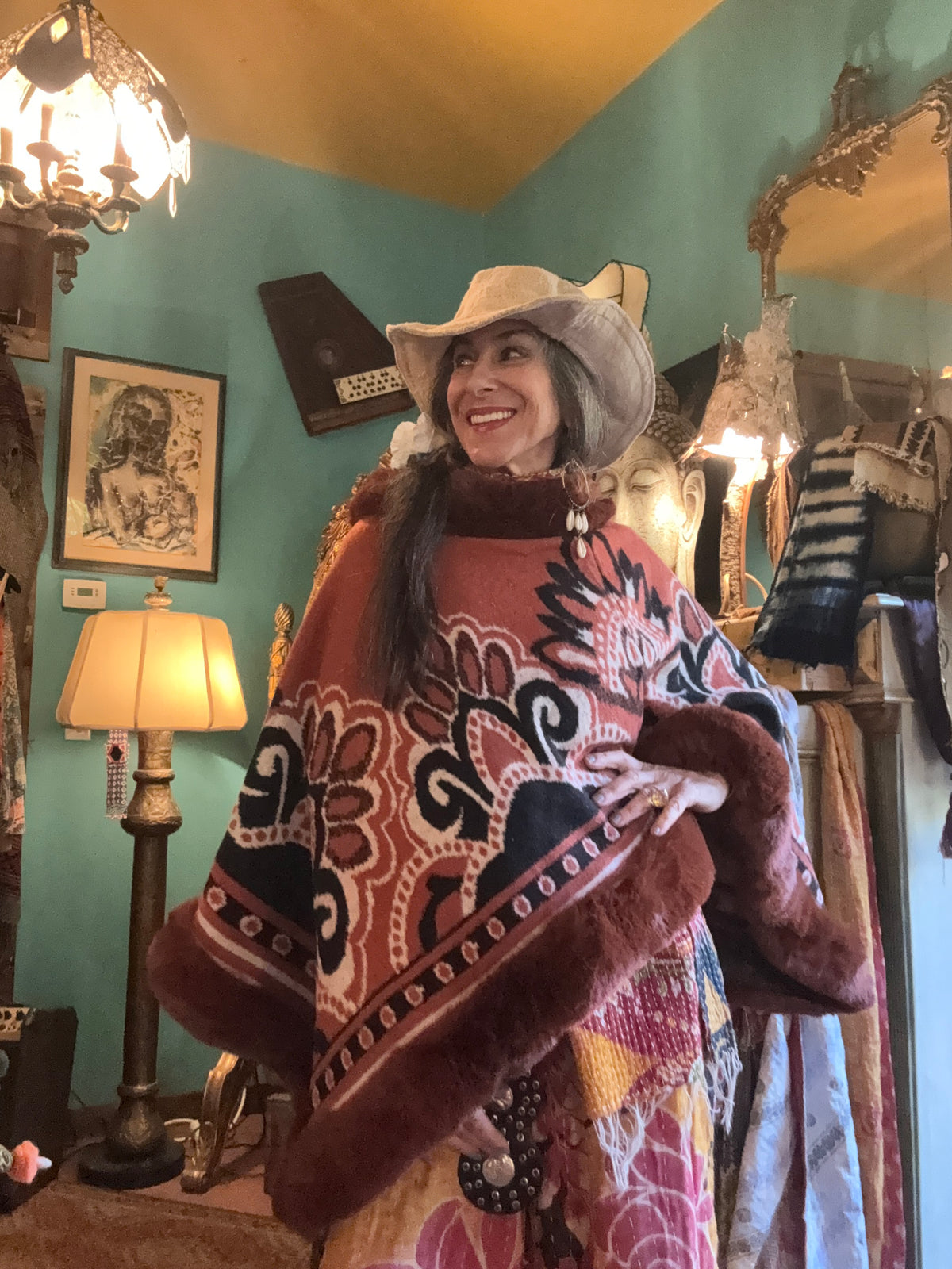 Cozy faux fur trim poncho