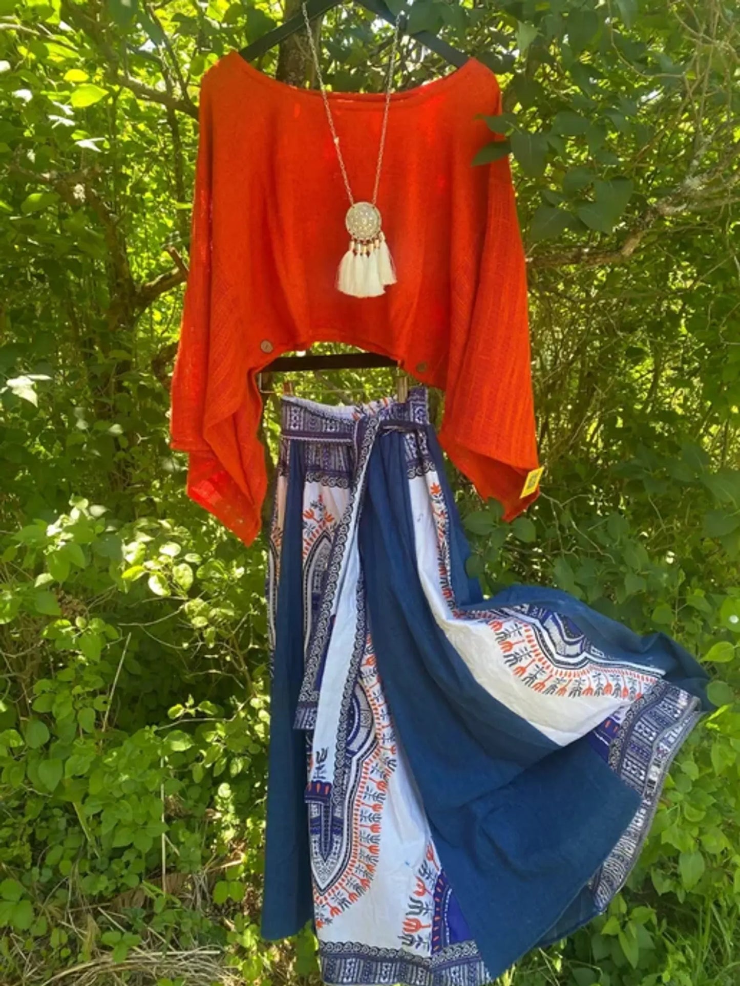 Dashiki and Denim Long skirt - Orange, One Size