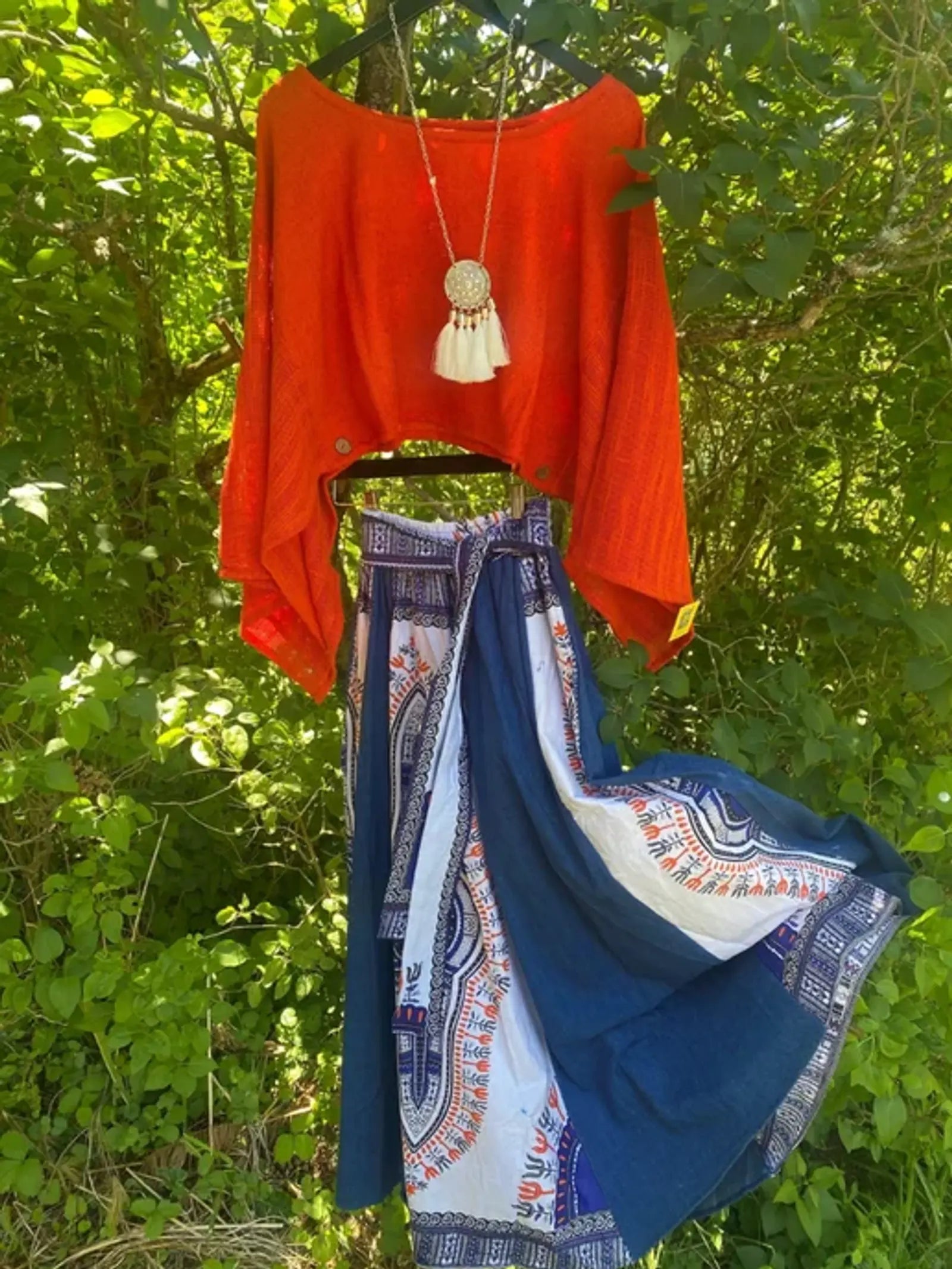 Dashiki and Denim Long skirt - Orange, One Size