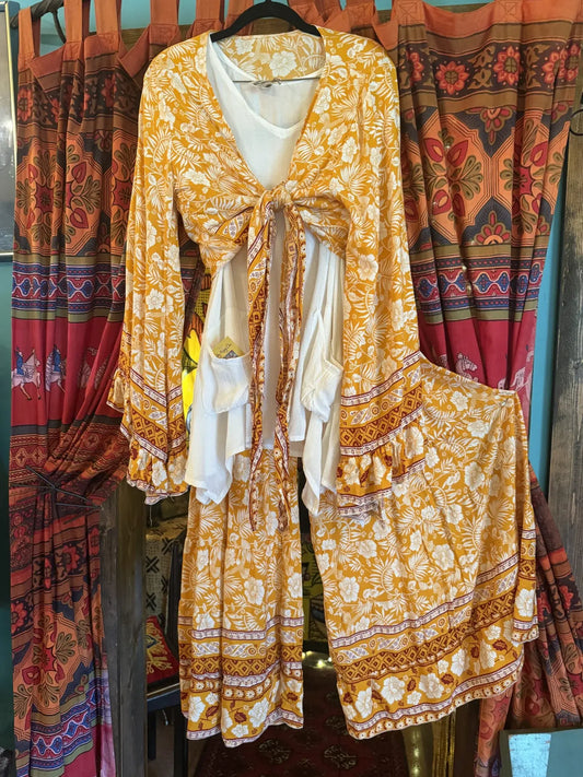 Yellow Silk Wide Leg Pants Set