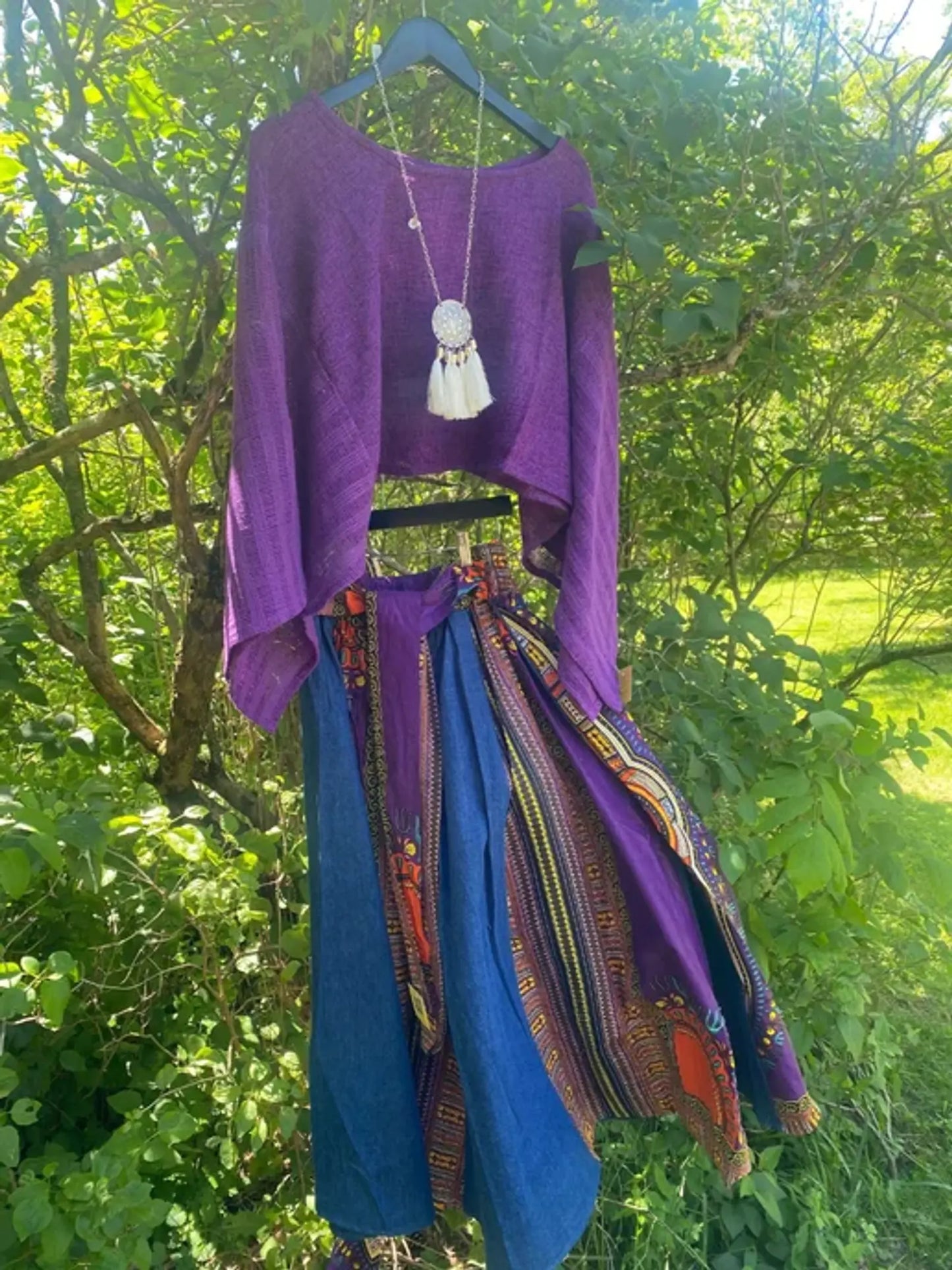 Dashiki and Denim Long skirt - Orange, One Size