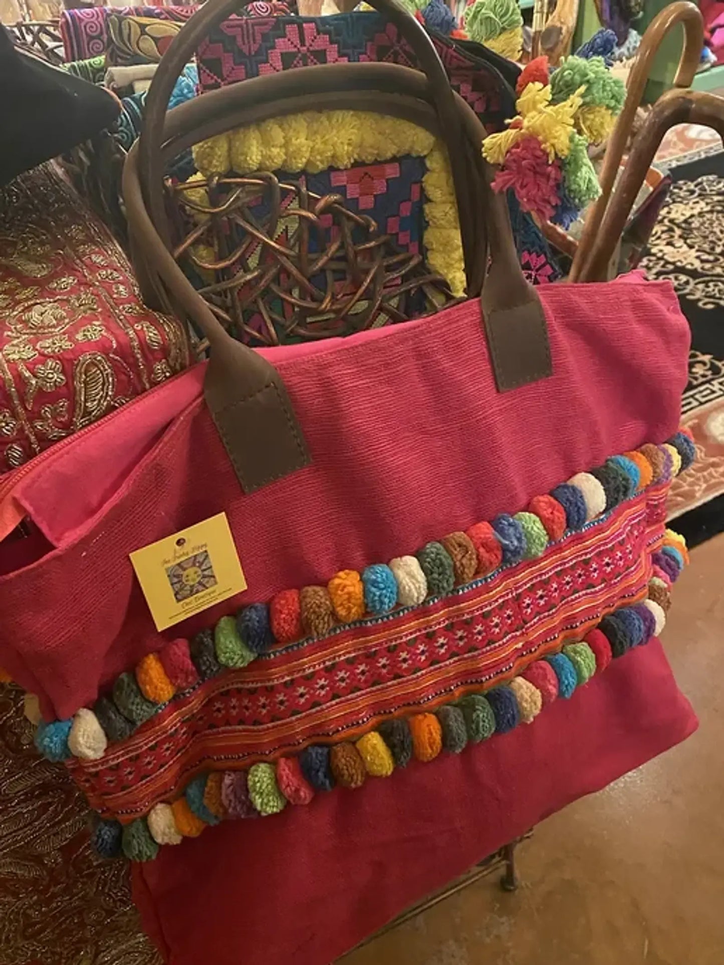 Large red pompom tote