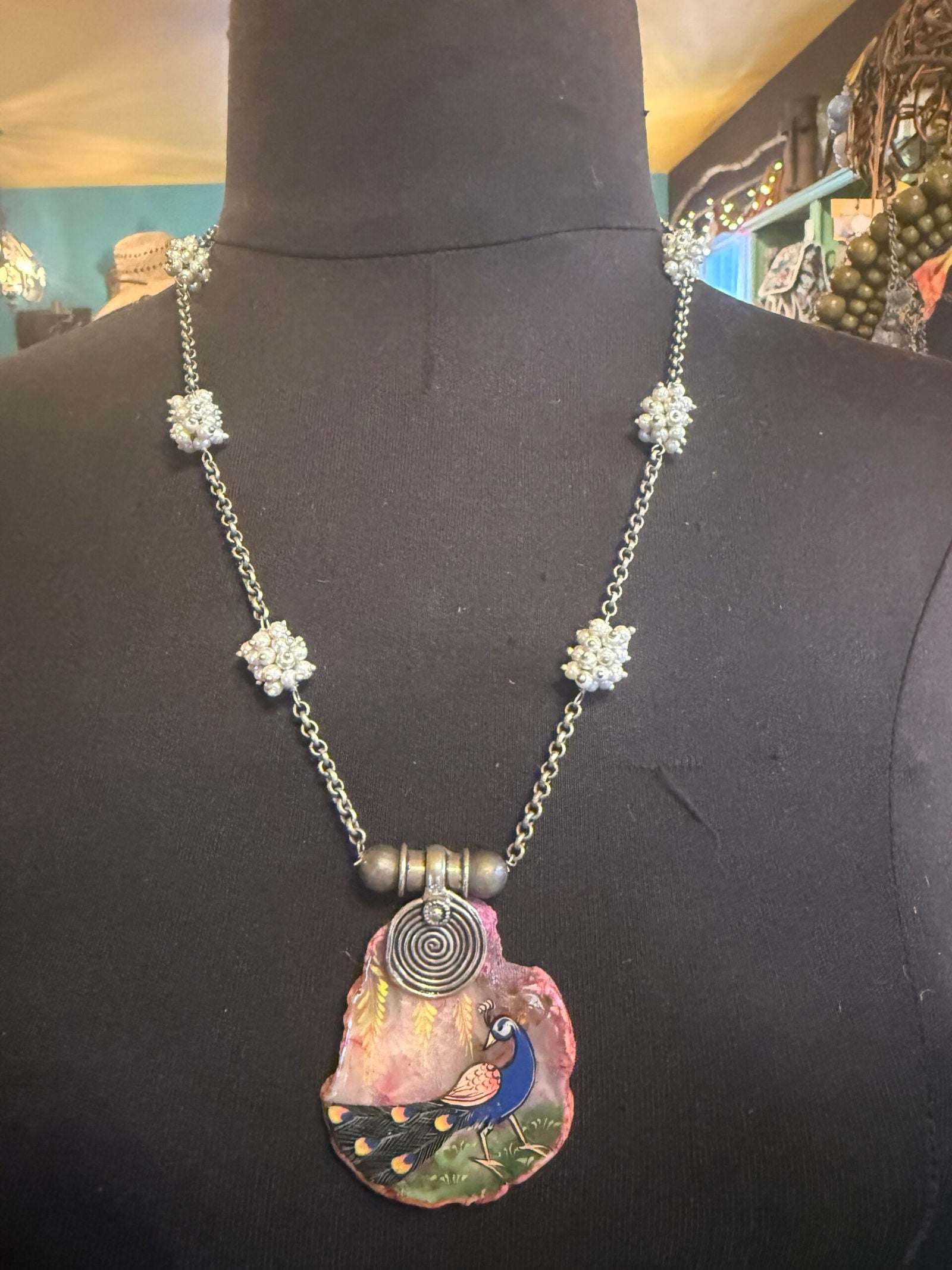 Hand Painted peacock necklace