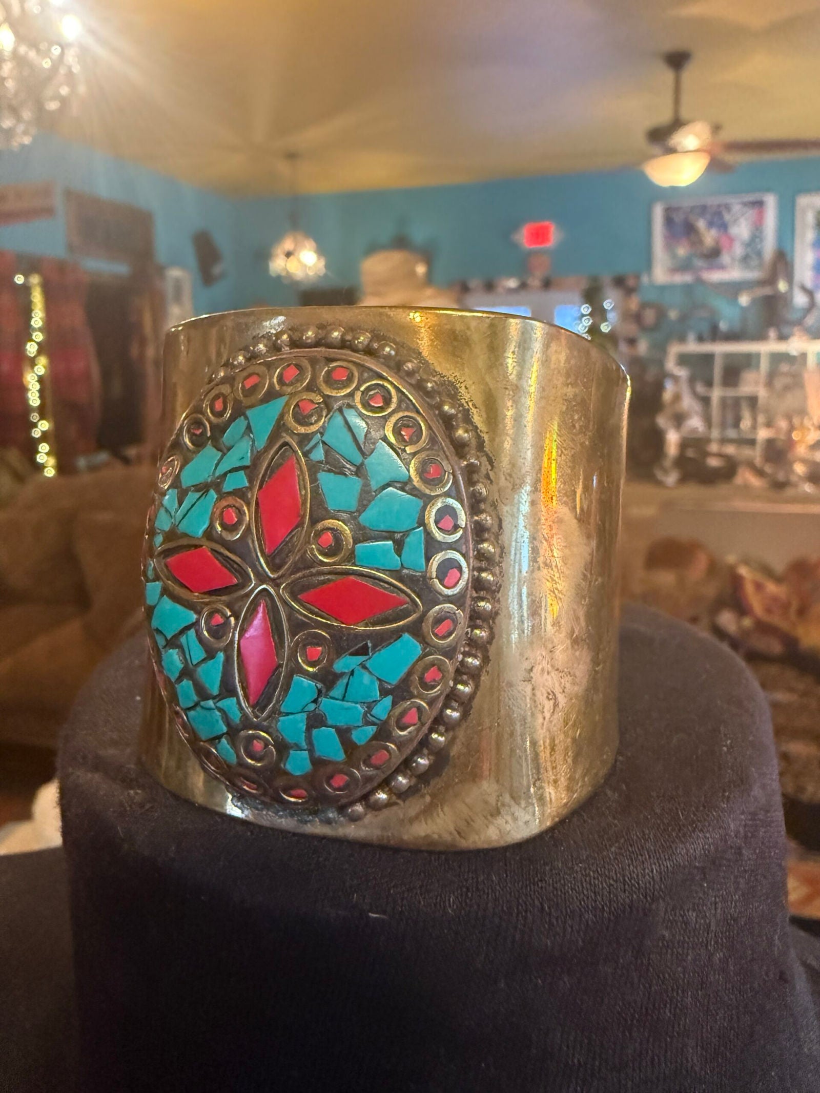 Brass cuff w/turquoise and coral