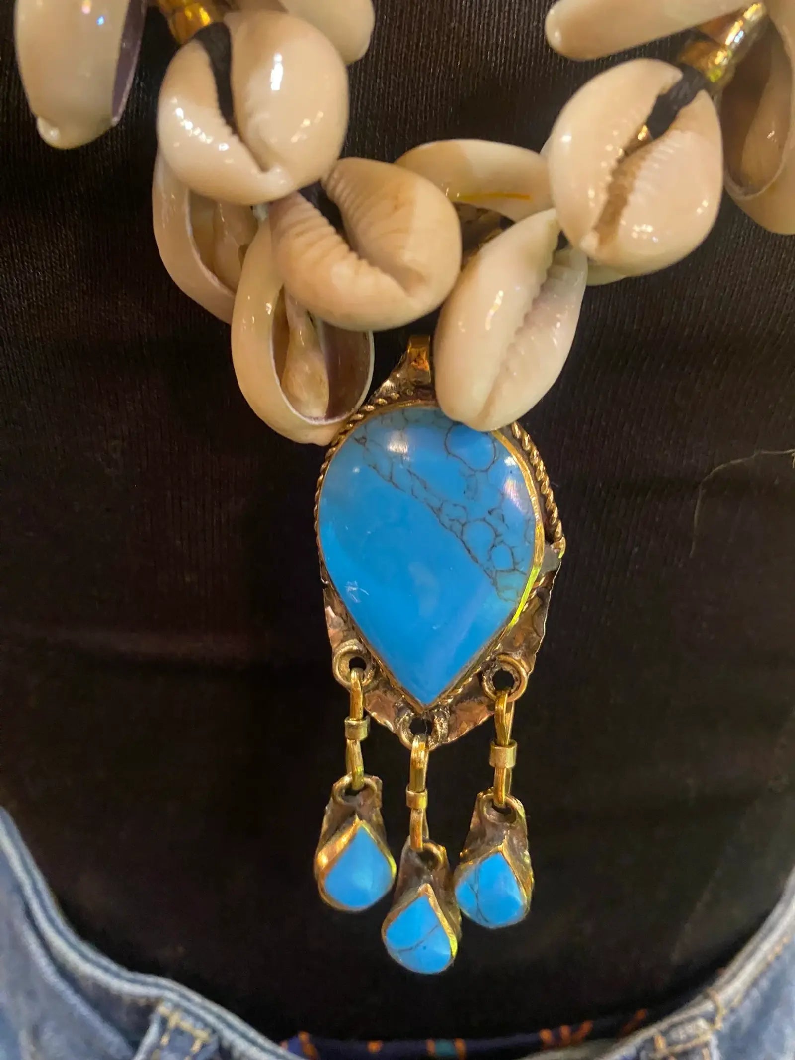Cowrie shell necklace with turquoise drop