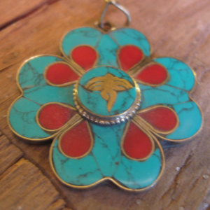 Clover flower pendant turquoise and coral