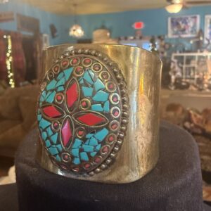 Brass cuff w/turquoise and coral